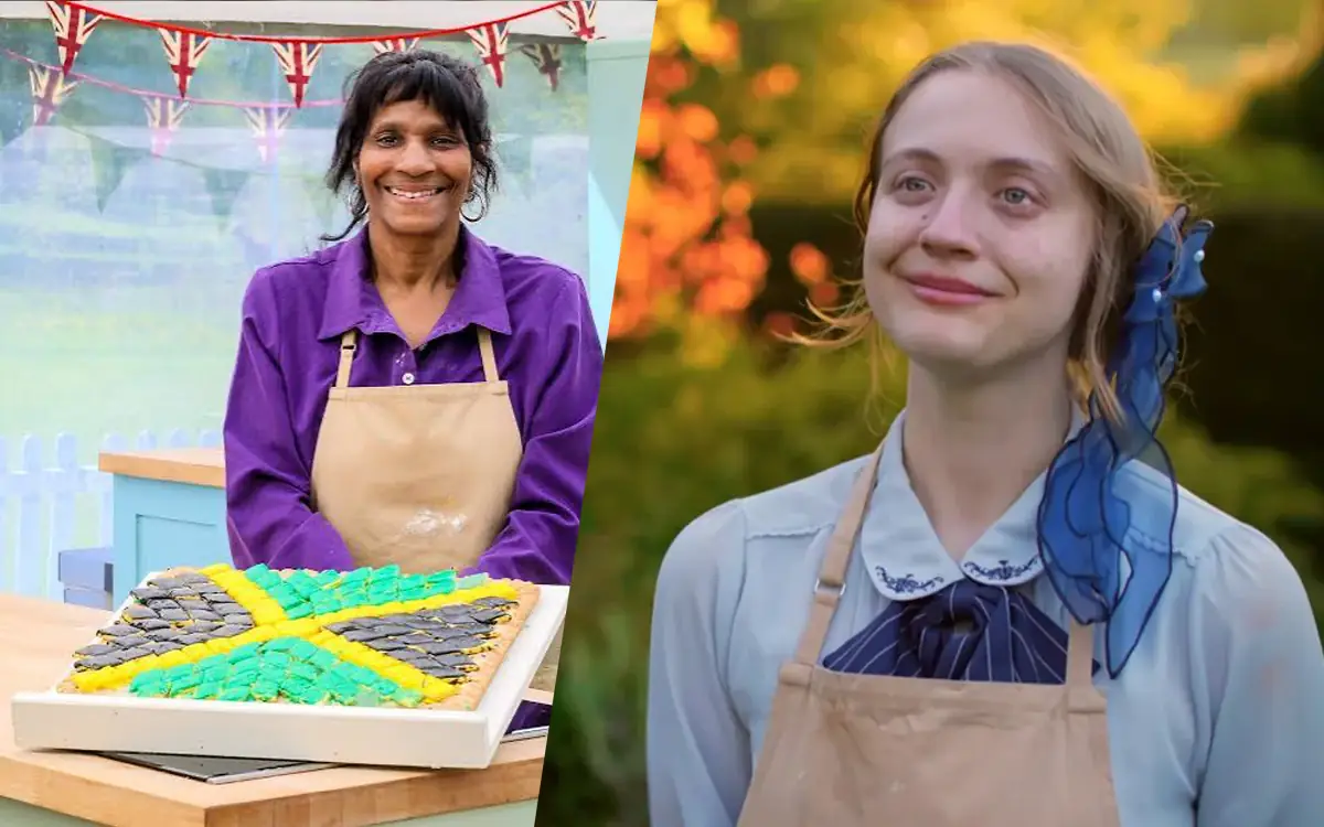 Connie in a purple shirt and apron, smiling behind her Jamaican flag biscuit mosaic under Union Jack bunting, beside Danni, a blue bow in her hair, smiling in the garden outside the tent