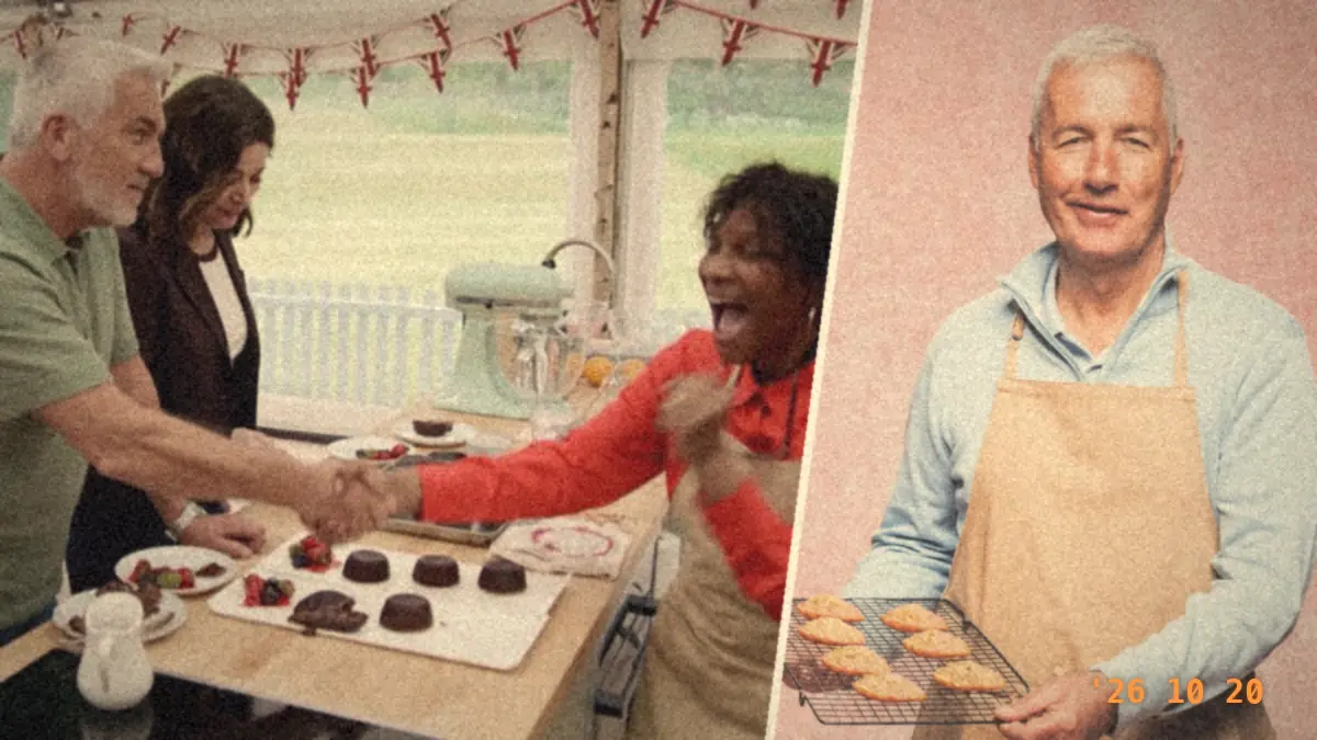 A faded, grainy split photo in the style of an 80s print, with an orange date stamp. Left, Paul Hollywood shakes Connie's hand as she shouts with joy, Nigella beside him. Right, Gary in his Bake Off apron smiles with a rack of glazed cakes