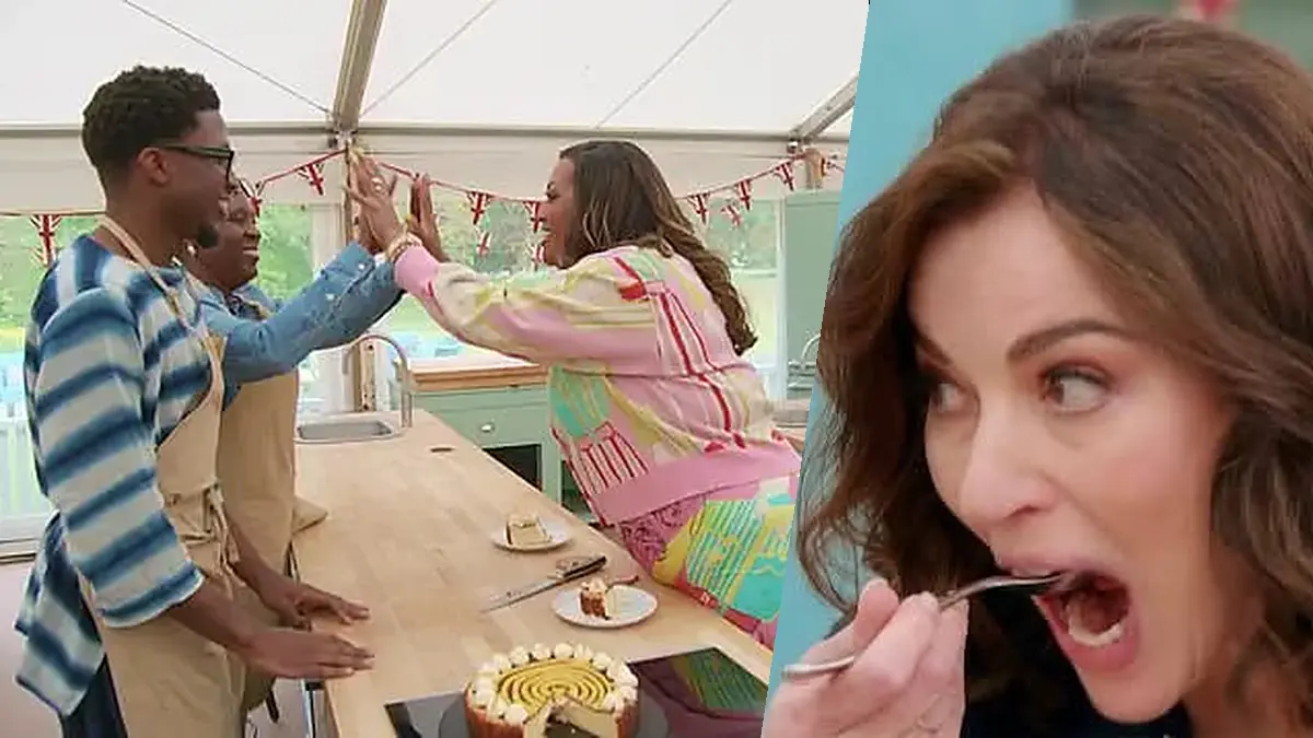 Moyin and his mum share a high five across their bench in the tent, a cheesecake in front of them, beside a close-up of Nigella Lawson, mouth wide open, taking a forkful