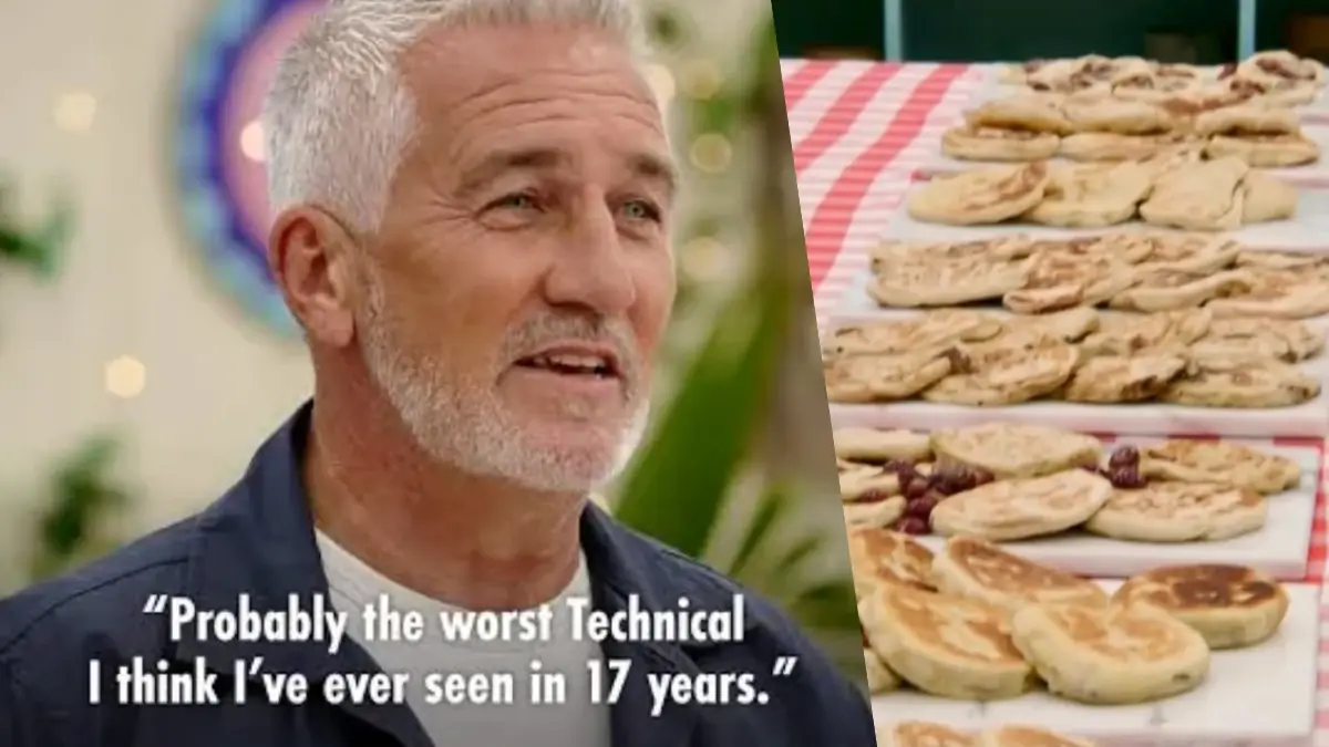 Paul Hollywood in the tent, captioned "Probably the worst Technical I think I've ever seen in 17 years", beside rows of puffy, pale flatbreads on a gingham-covered table